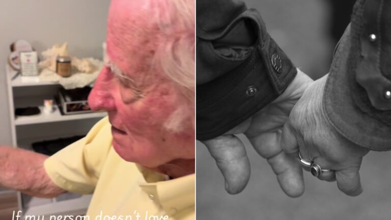 Cover of @tedandlinda's TikTok video beside an Unsplash photo by Stéphane Monnet of two hands holding each other tightly.