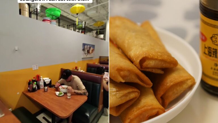 Cover of @kiramilann's TikTok video beside an Unsplash photo by Keji Gao of spring rolls and sauce ready to eat.