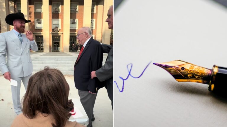Cover of @hannahmonsour's TikTok video beside an Unsplash photo by John Jennings of a black fountain pen on white paper.
