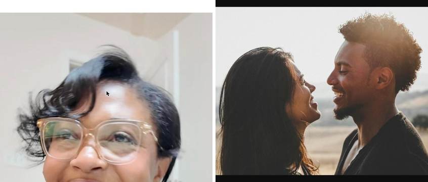 Left: cover still from an Instagram reel by @thekarnes. Right: Couple smiling closely at each other outdoors at golden hour (Unsplash photo by Giorgio Trovato).