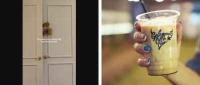 Left: cover still from a TikTok video by @rachelgwilson. Right: A hand holding an iced coffee drink (Unsplash photo by Reggi Renaldi).