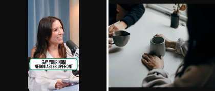 Left: cover still from a TikTok video by @wemetatacme. Right: Two people holding coffee mugs at a cafe table (Unsplash photo by Priscilla Du Preez).