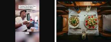 Left: a man in first class holding a bowl of food while narrating a menu taste test on a flight. Right: an overhead view of two gourmet plated meals and champagne on a first class tray table (Unsplash photo by Oskar Kadaksoo).