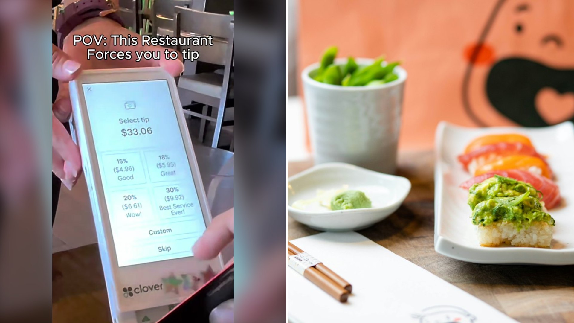 Food Reviewer Went to Test a Sushi Spot Accused of Forcing Customers to Tip and Sure Enough the Server Pushed Him to Select a Tip on the Card Screen