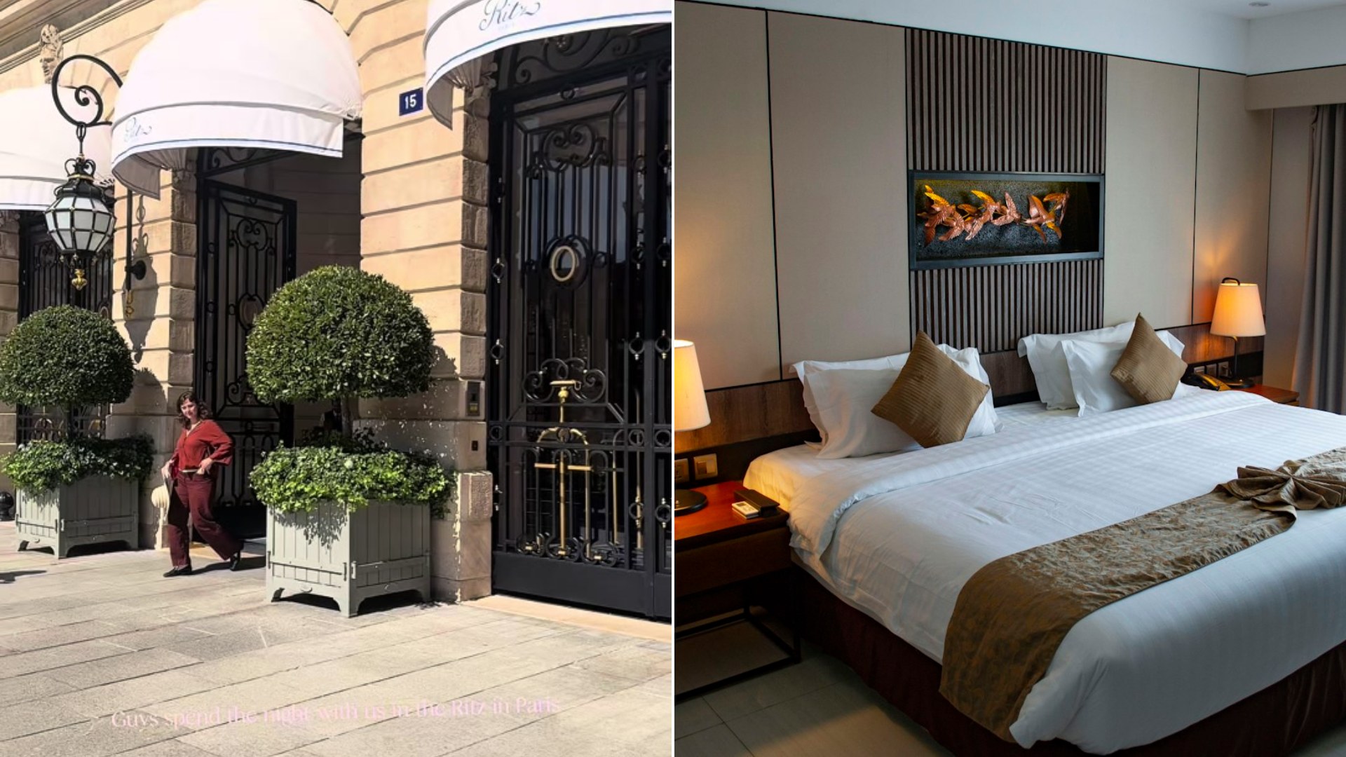 Guest beside an elegant hotel room with a large bed