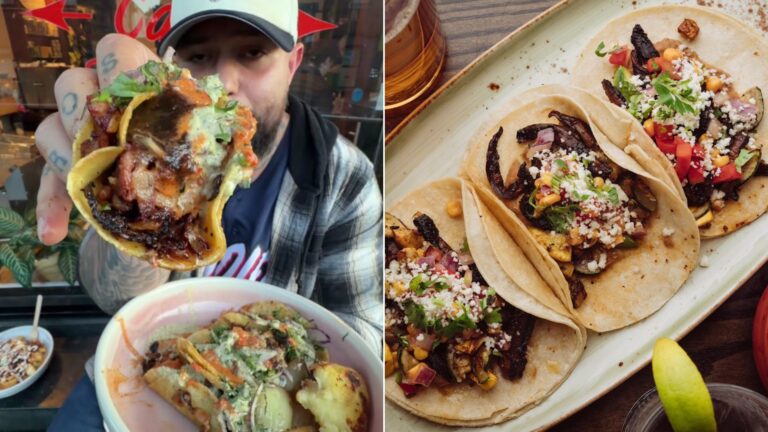 Man with a plate of tacos at a restaurant table