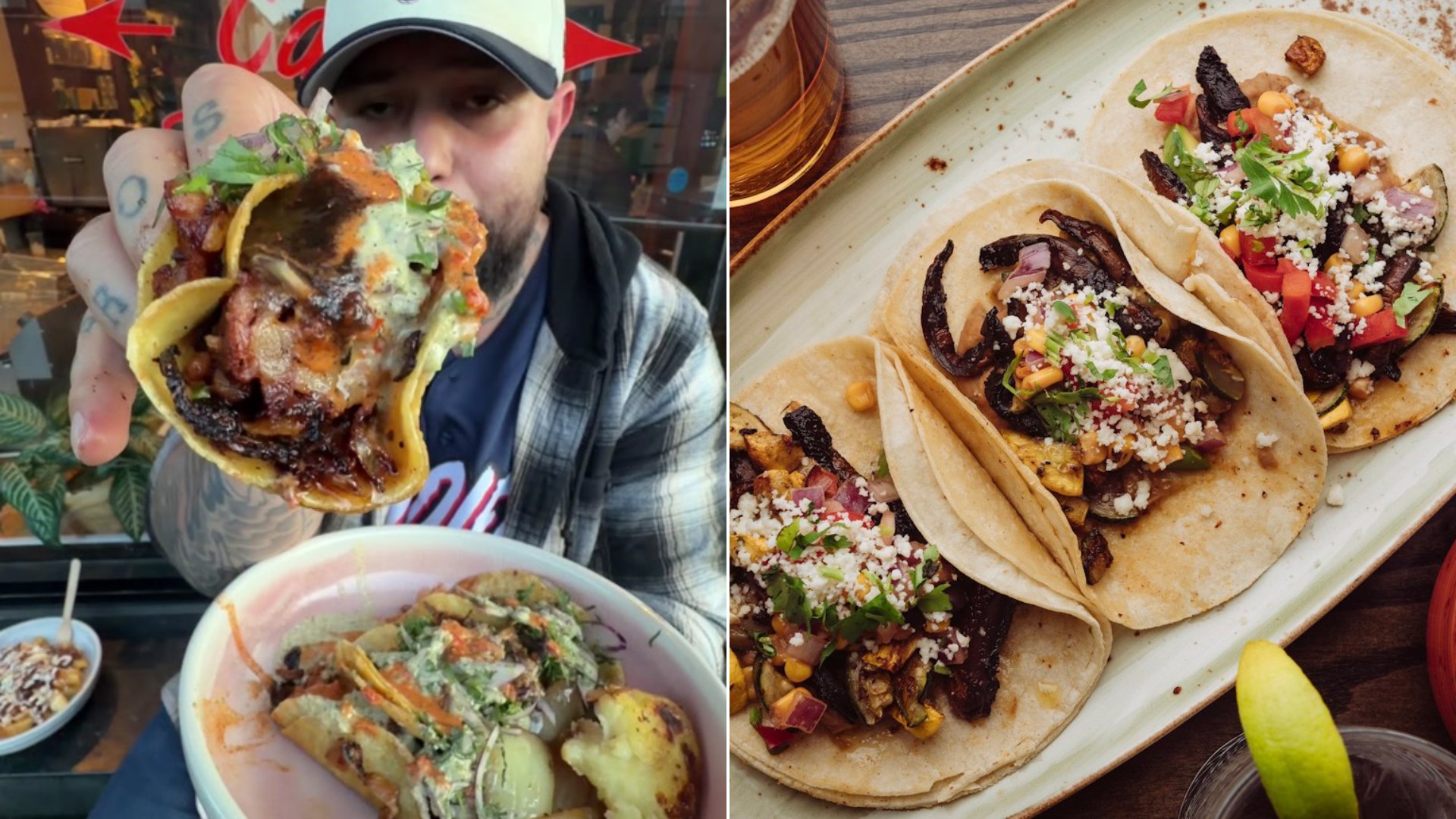 Man with a plate of tacos at a restaurant table