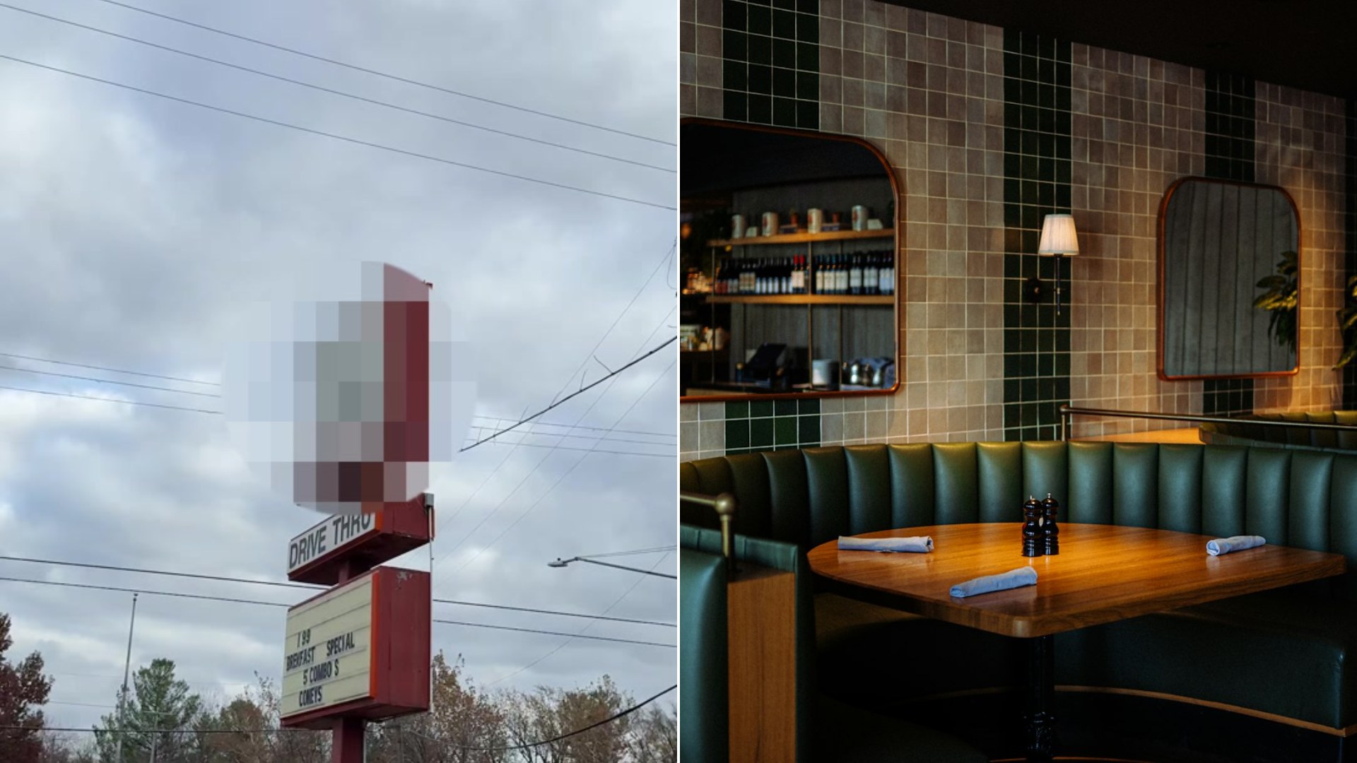 Man outside a small restaurant with a table set for dinner