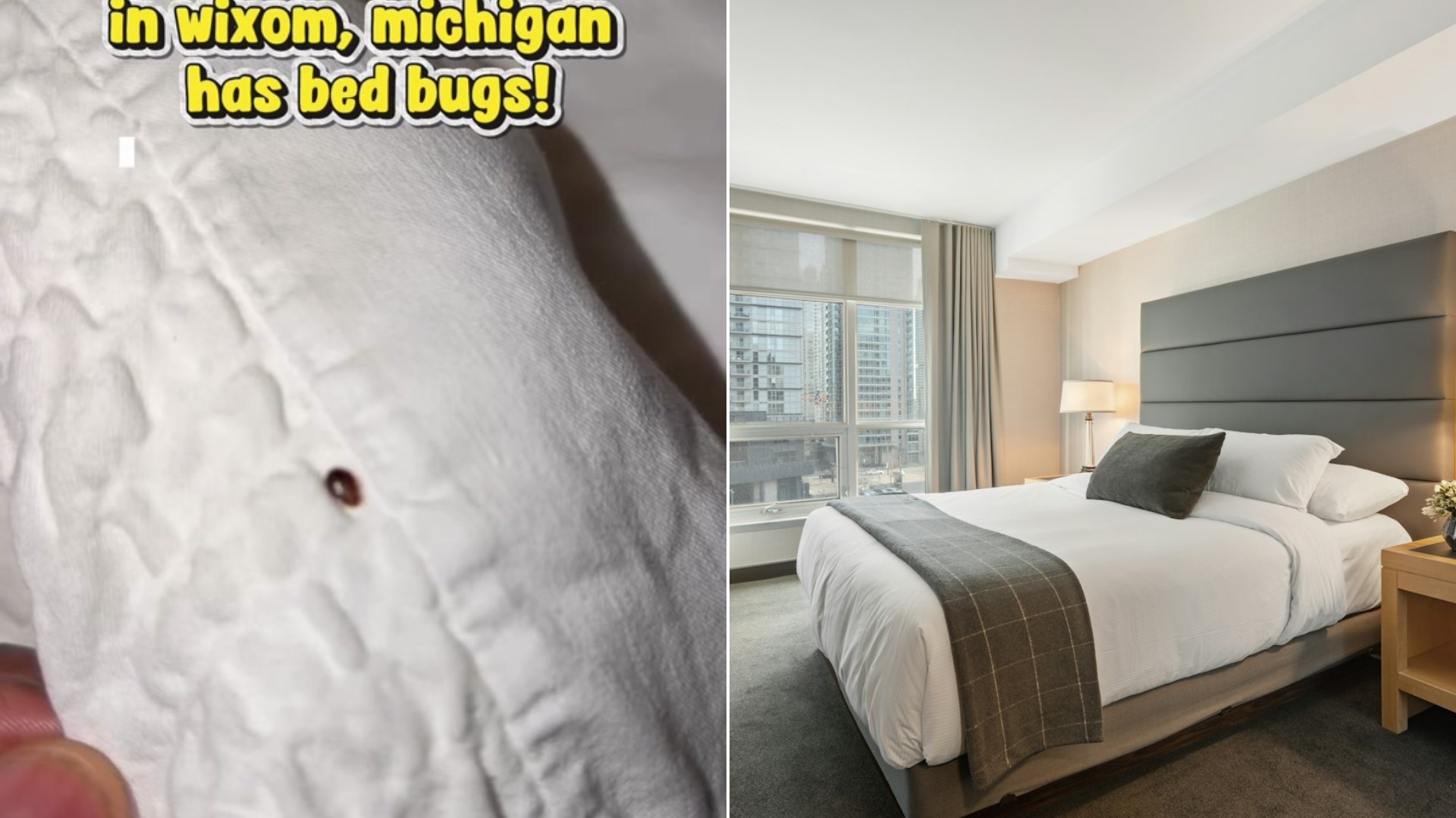 Mom with her kids next to a hotel room bed