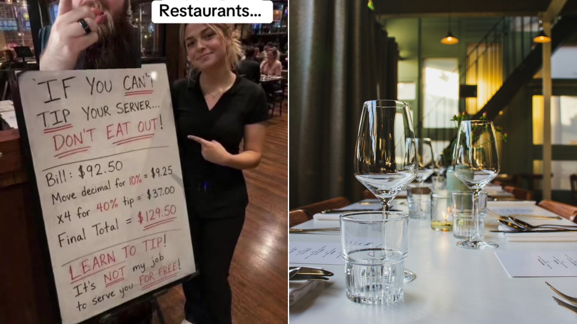 Restaurant sign about tipping beside a set dining table